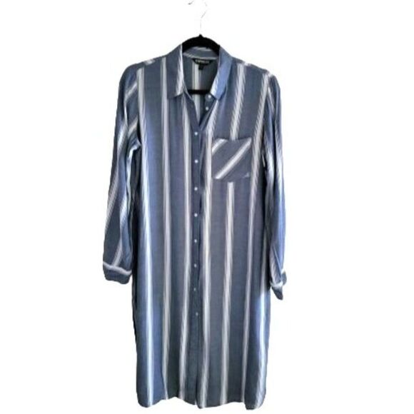 Express Womens Top Blue M Shirt Dress Striped Boyfriend Button Up Long Sleeve - Picture 7 of 7